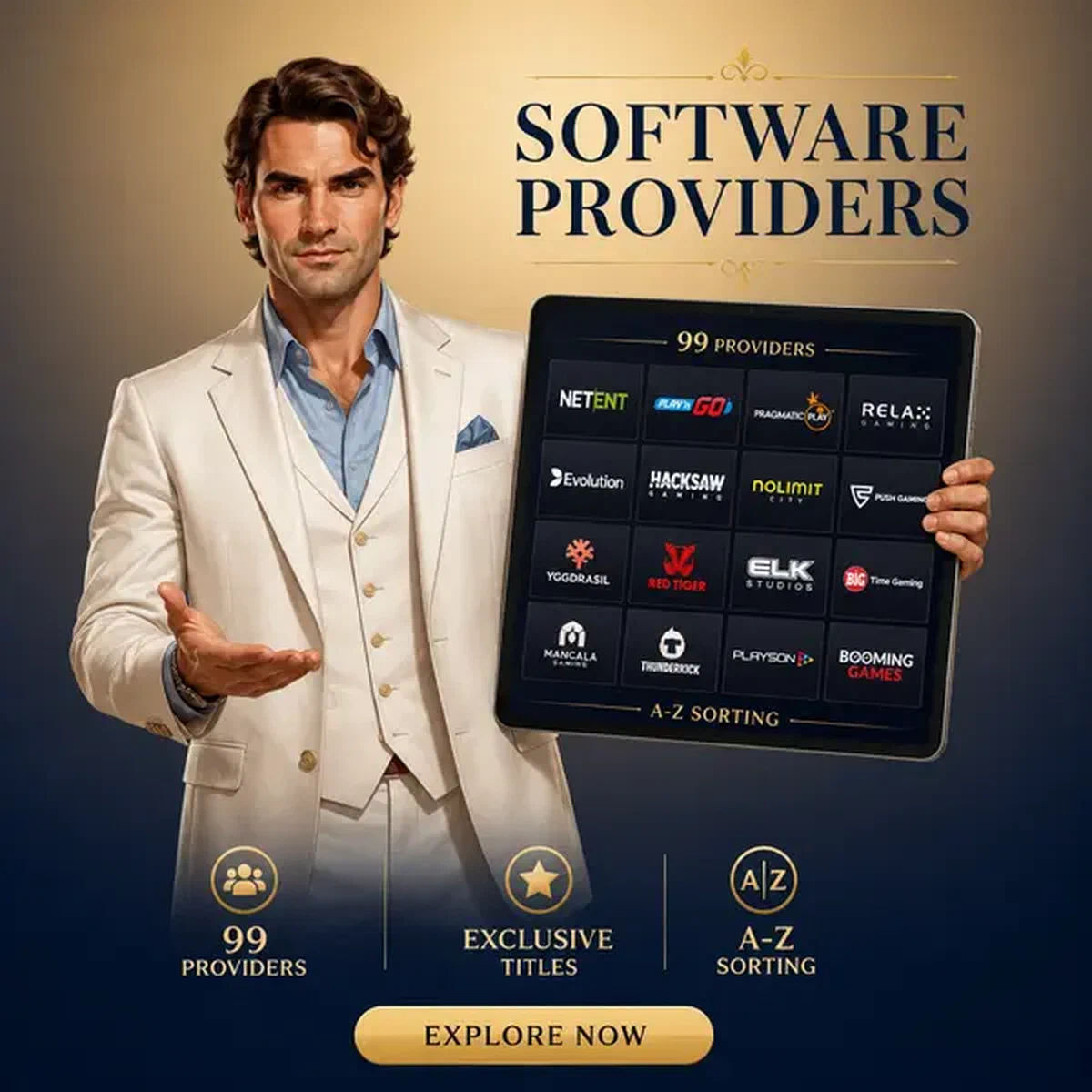 Gentleman athlétique en costume crème présentant les fournisseurs de logiciels sur tablette chez Billionairespin