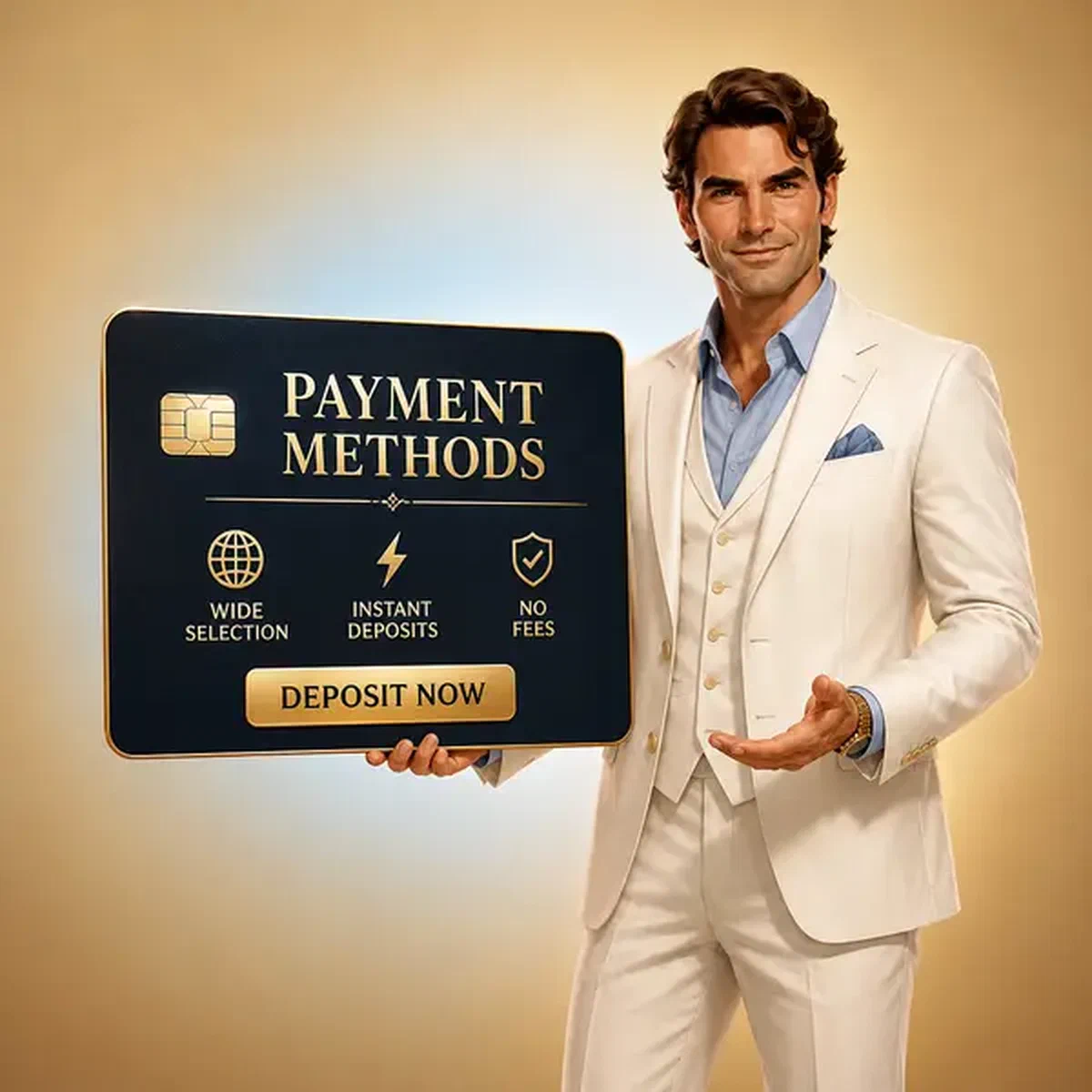 Gentleman élégant présentant une carte de modes de paiement dans le lobby du casino Billionairespin